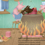 Kolme pientä porsasta satukirjasta kuva, jossa susi on pudonnut possujen pataan